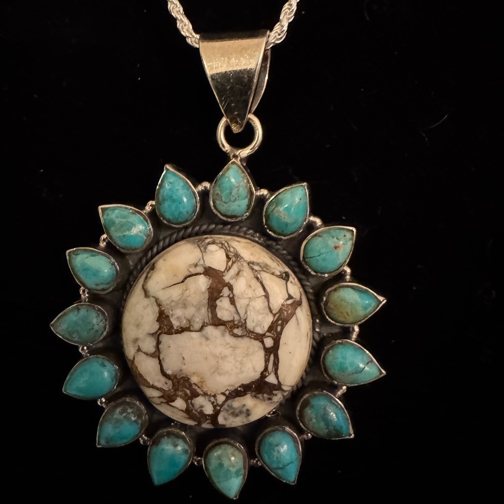 Turquoise, white, buffalo, turquoise, and sterling Silver Pendant Necklace‎